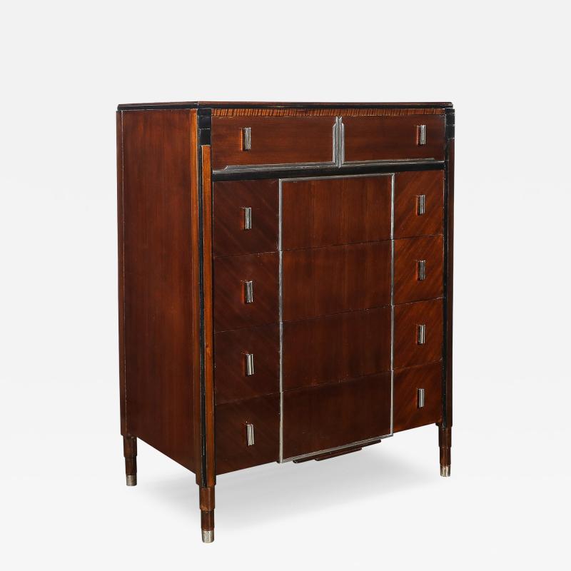Art Deco Machine Age High Chest in Bookmatched Walnut Black Lacquer Chrome