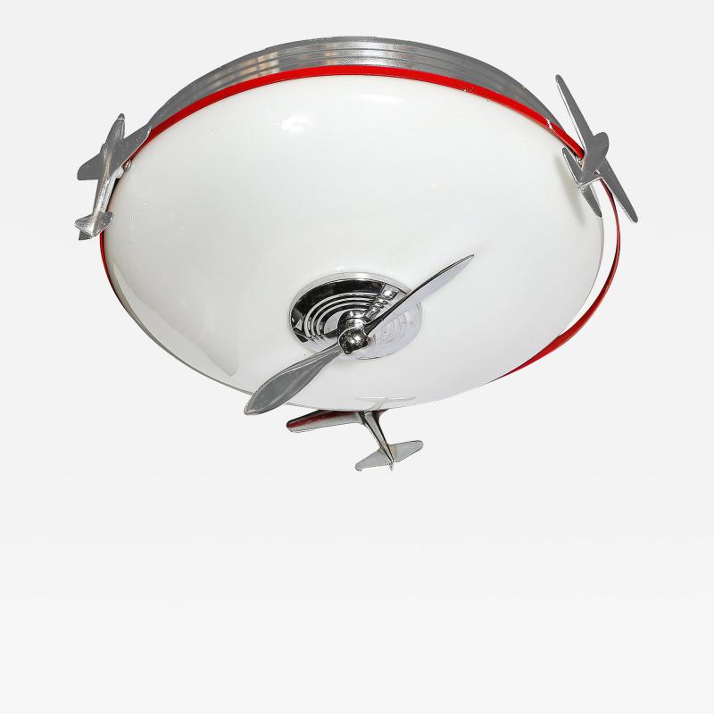 Art Deco Machine Age Milk Glass Chrome Airplane Flush Mount