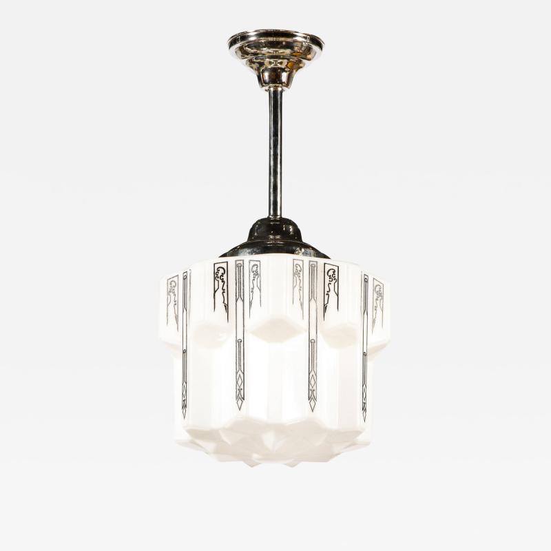 Art Deco Machine Age Milk Glass Pendant w Curvilinear Black Etched Details