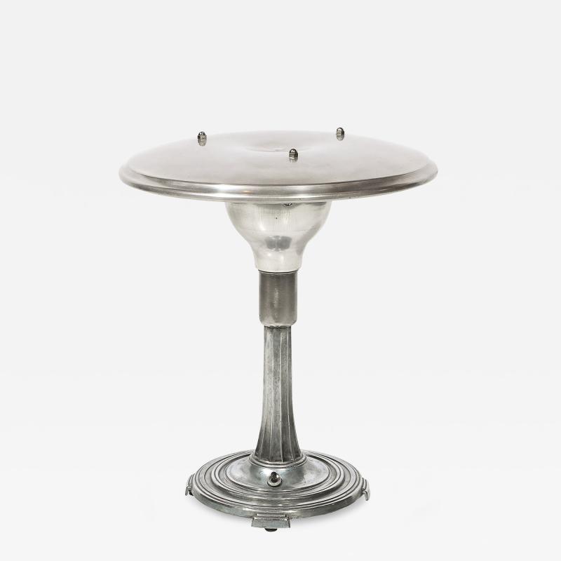 Art Deco Machine Age Saucer Form Polished Aluminum Table Lamp w Sculptural Base