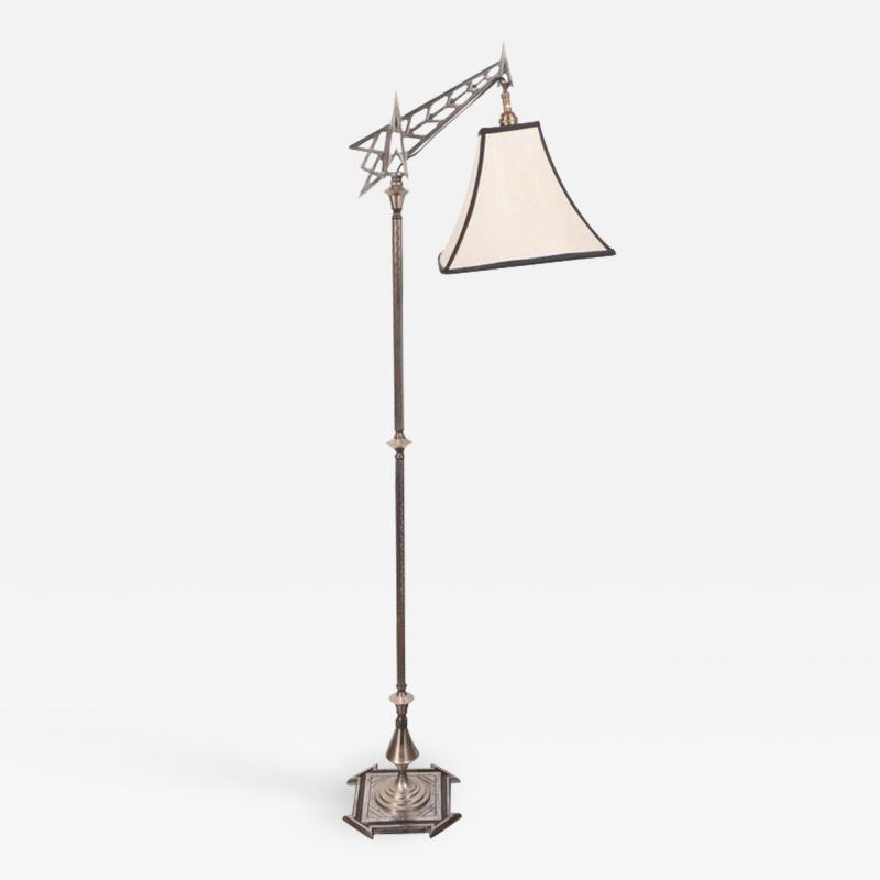 Art Deco Machine Age Skyscraper Style Aluminum Cubist Floor Lamp with Silk Shade