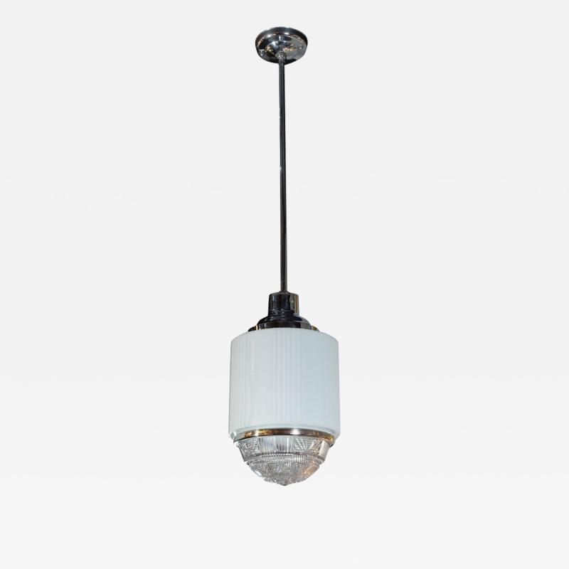 Art Deco Machine Age Skyscraper Style Chrome Opaque Pressed Glass Pendant