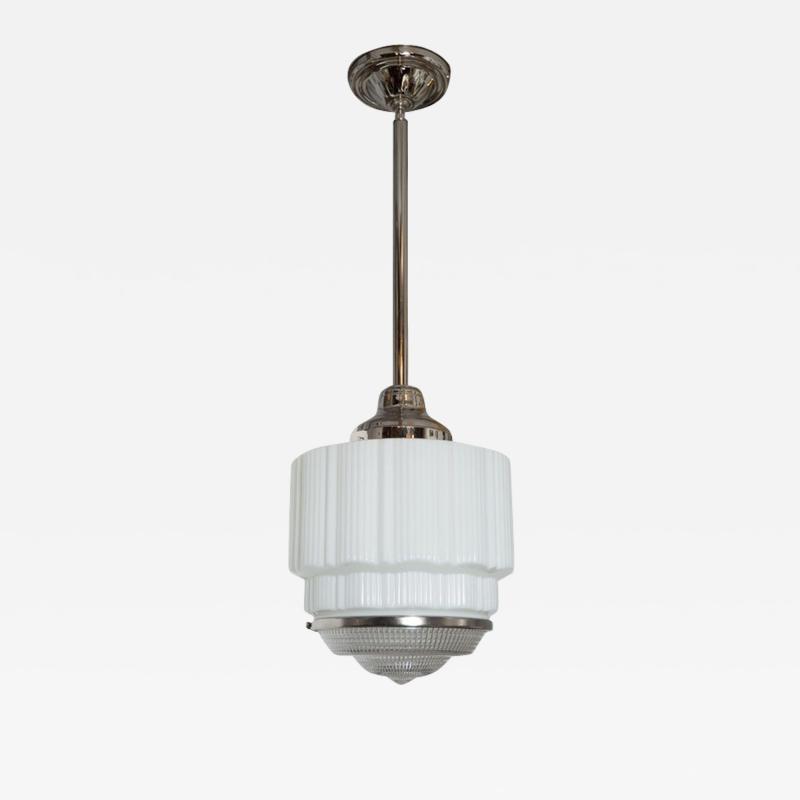 Art Deco Machine Age Skyscraper Style Chrome White and Pressed Glass Pendant