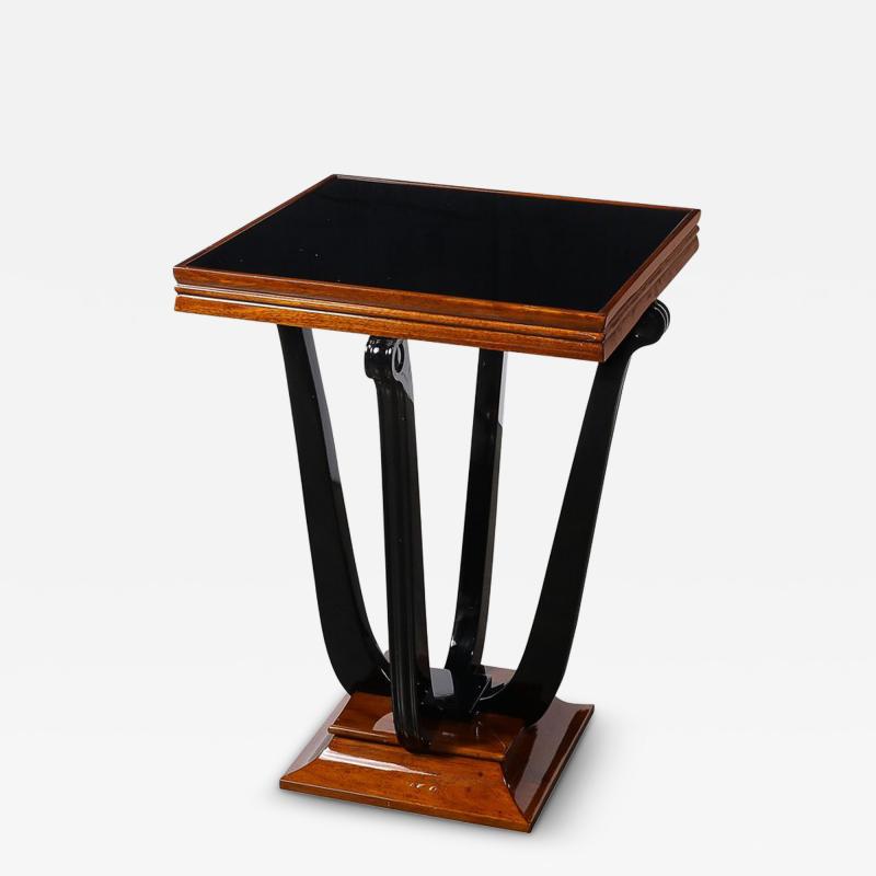Art Deco Machine Age Square Walnut Occasional Table w Black Mirror Glass Top