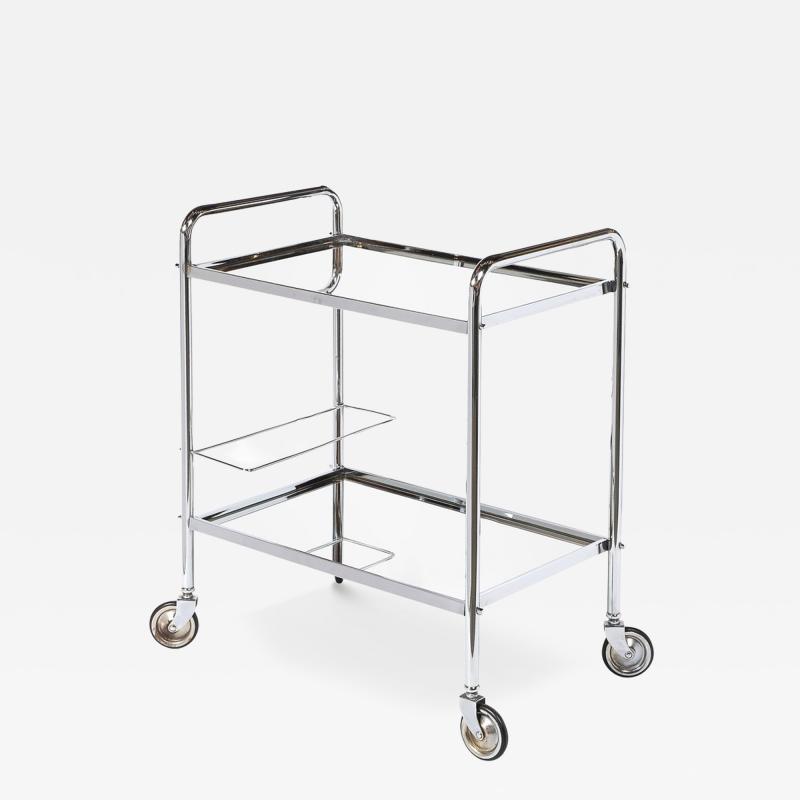 Art Deco Machine Age Two Tier Tubular Bar Cart in Chrome Mirror