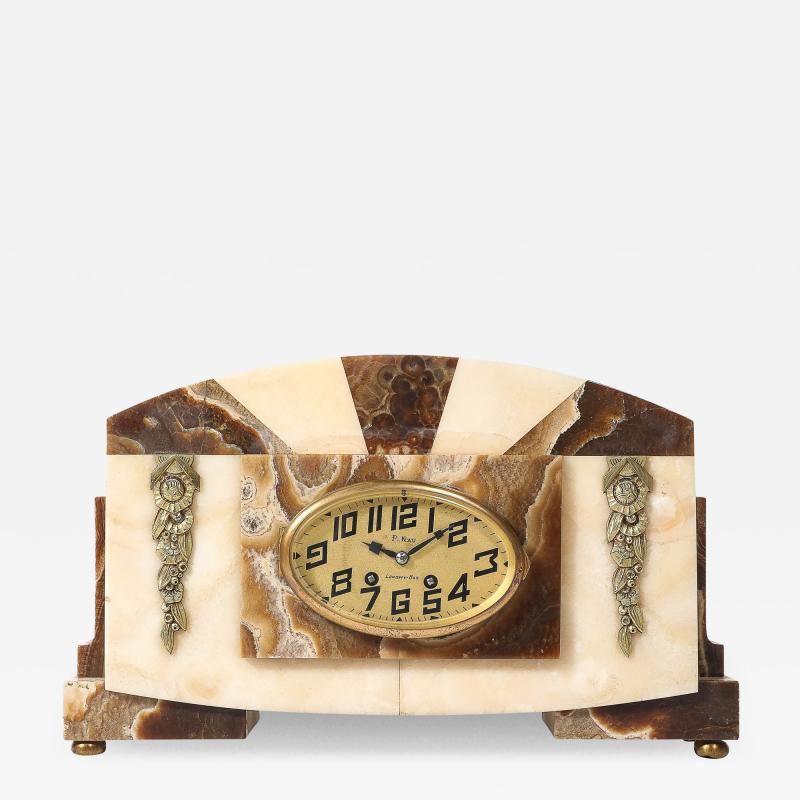 Art Deco Mantlepiece Clock in Tessellated Ice Sugar Cream Onyx w Gilt Bronze