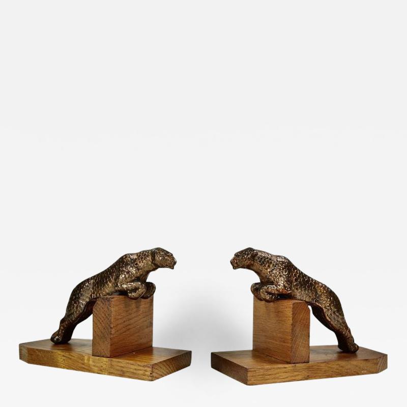 Art Deco Metal Spotted Leopard Bookends on Wood Base