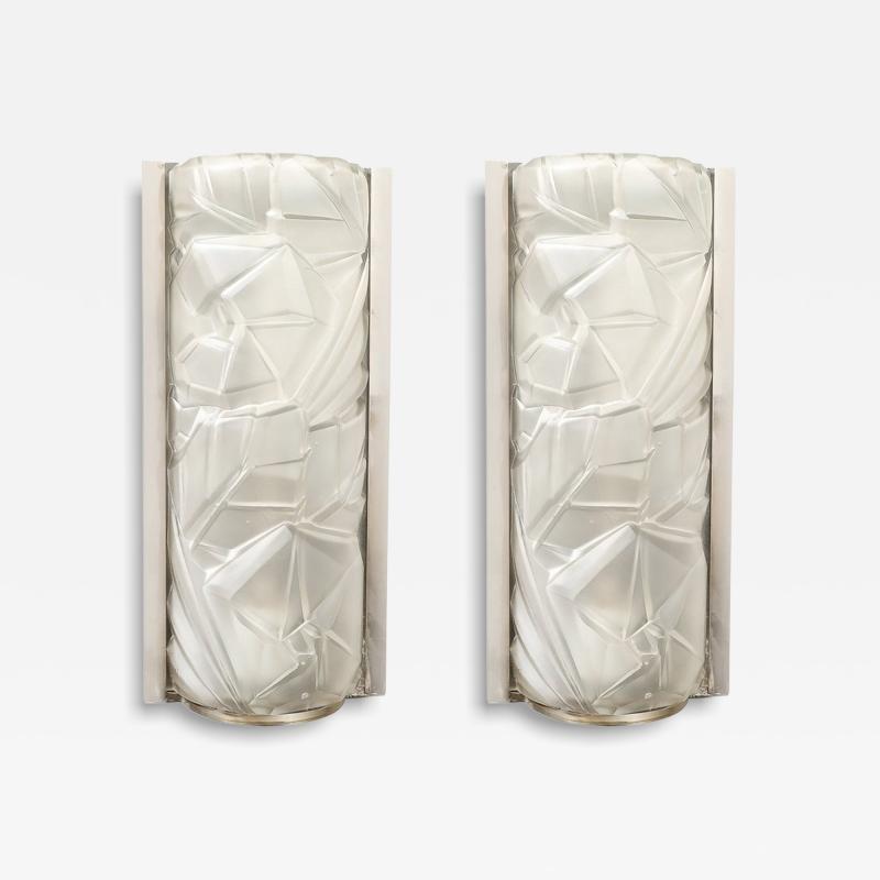 Art Deco Molded Frosted Glass w Abstract Cubist Geometric Motif Sconces