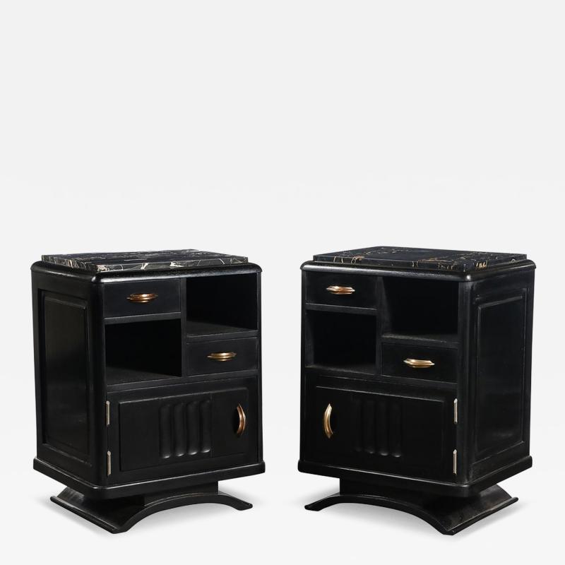 Art Deco Nightstands in Ebonized Walnut with Porto Marble Tops Bronze Pulls