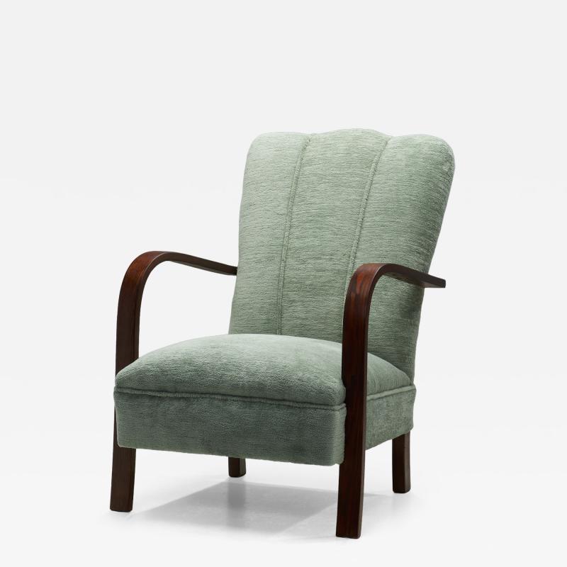 Art Deco Oak Armchair Upholstered in Teal Fabric Europe ca 1930s