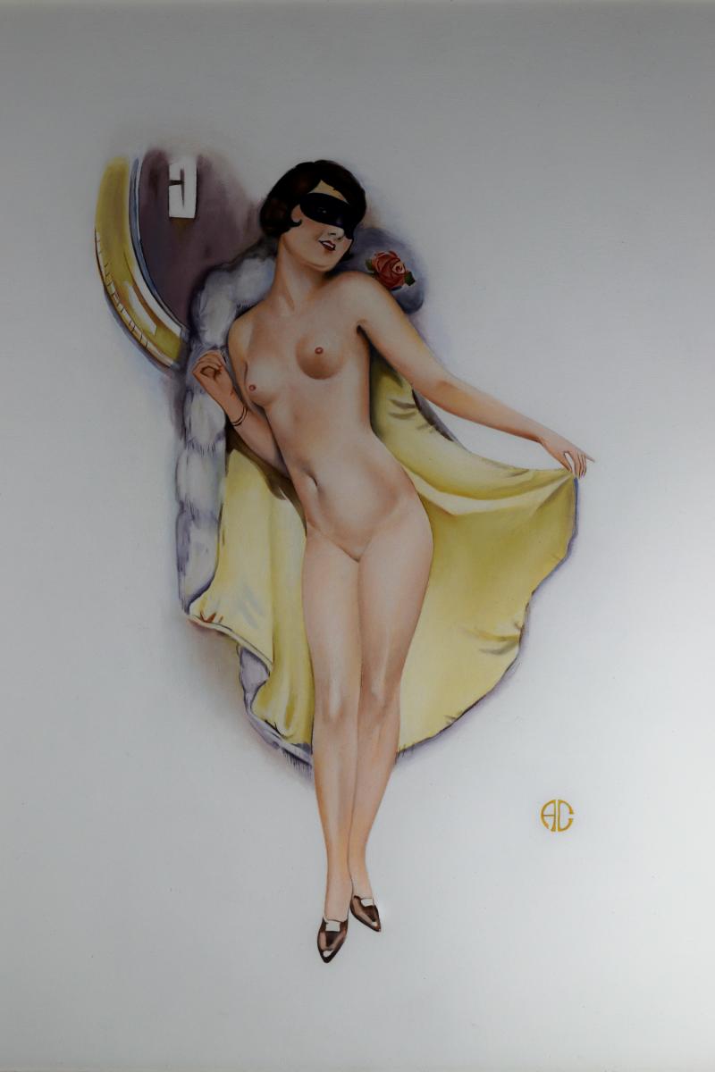 Art Deco Oil Painting of a Nubile Woman in a Carnival Mask