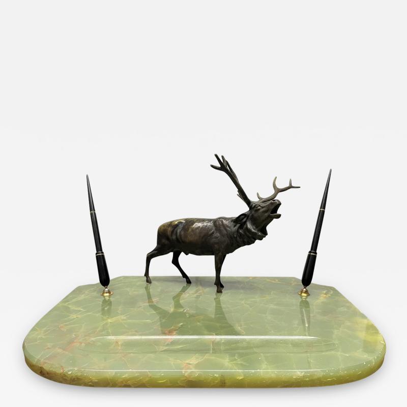 Art Deco Onyx Blotter with Bronze Elk Statue and Fountain Pens