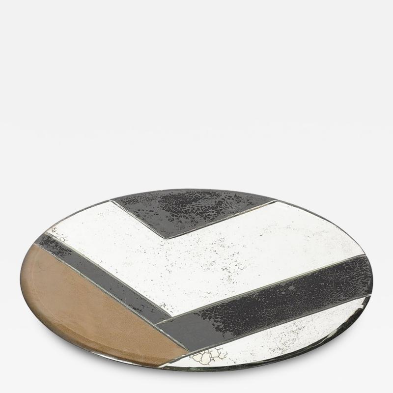 Art Deco Oval Geometric Eglomise Tray W Reversed Etched Antique Mirror Detail