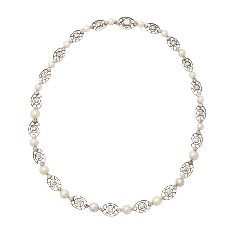 Art Deco Pearl and Diamond Necklace in Platinum