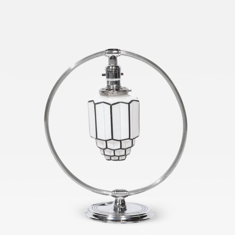 Art Deco Pendant Form Chrome Milk Glass Table Lamp w Black Linear Detailing