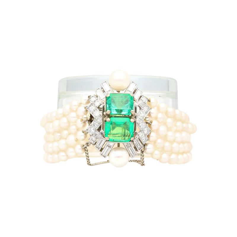 Art Deco Platinum 5 Row Pearl Bracelet with 8 CTW in Emeralds and Diamonds