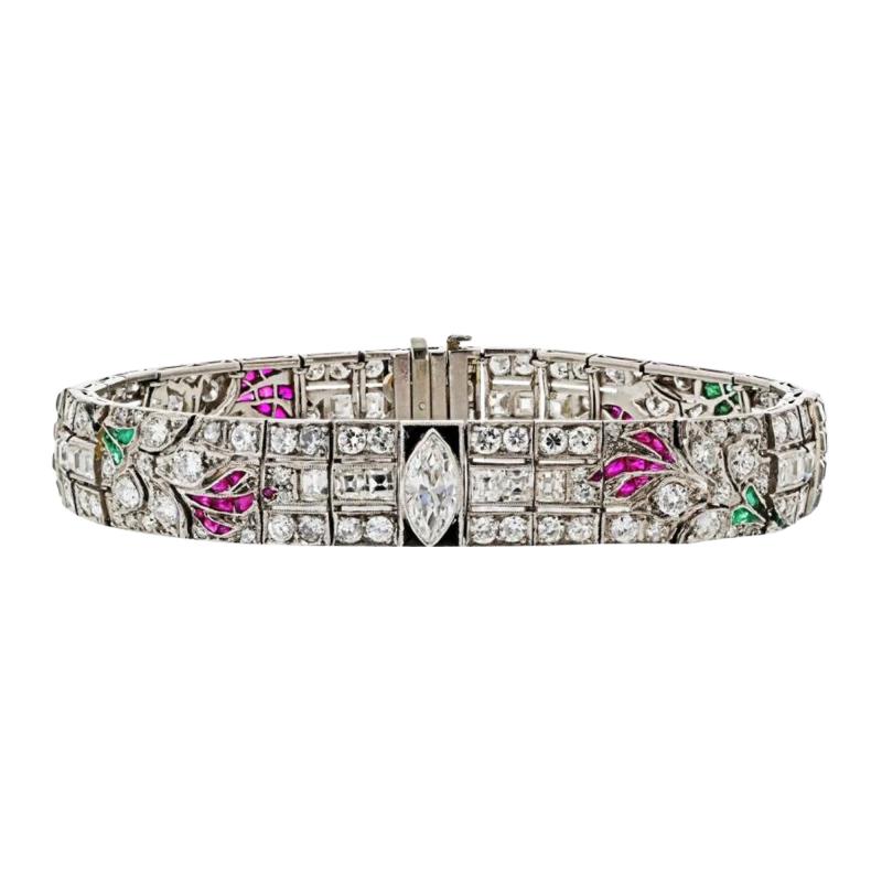 Art Deco Platinum Diamond Ruby Emerald And Onyx Bracelet