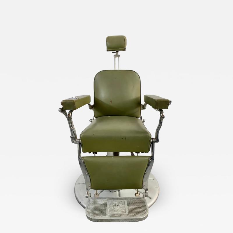 Art Deco Presidential Hydraulic Koken Barber Chair in Green Leather