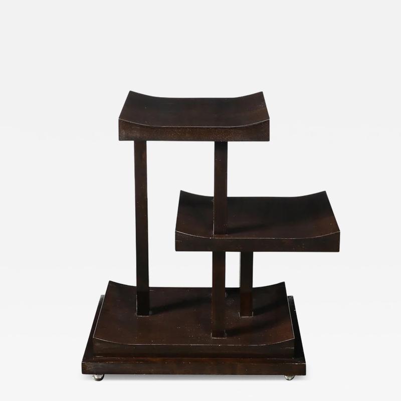 Art Deco Rectilinear Swooping Three Tier Walnut Offset Side Table w Plinth Base