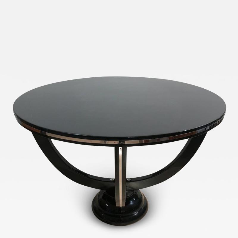 Art Deco Round Side Table Black Lacquer and Metal France circa 1930