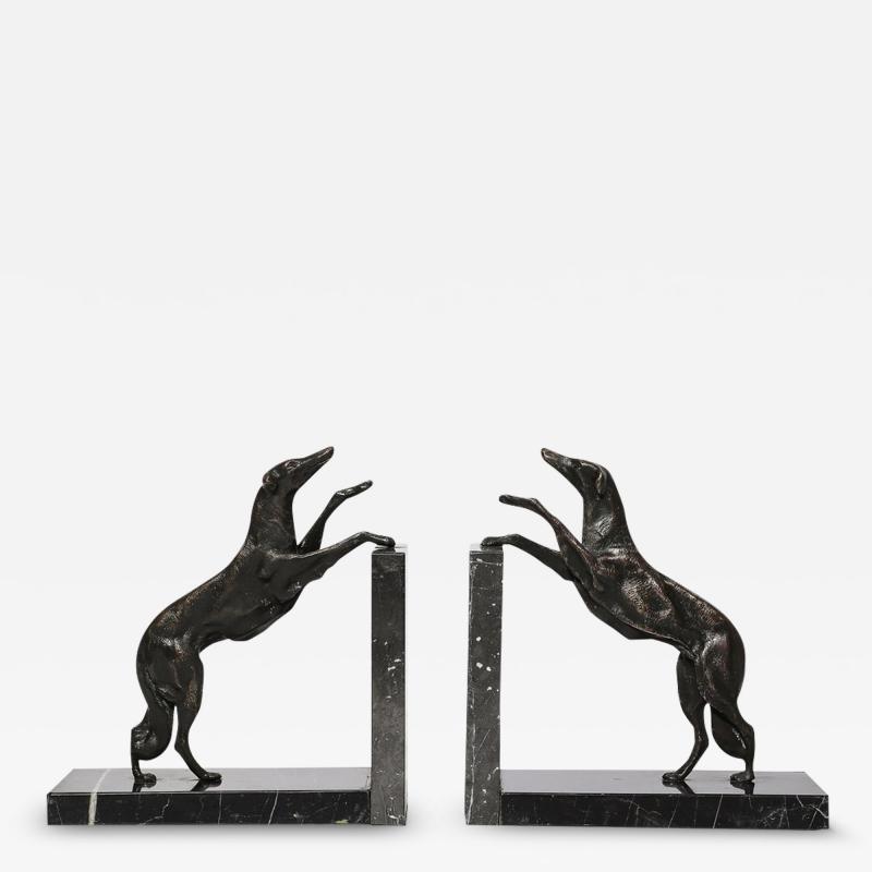 Art Deco Sculptural Bronze Greyhound Bookends on Nero Marquina Marble Bases
