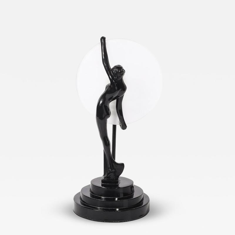 Art Deco Sculptural Nude Table Lamp in Black Enamel Frosted Glass
