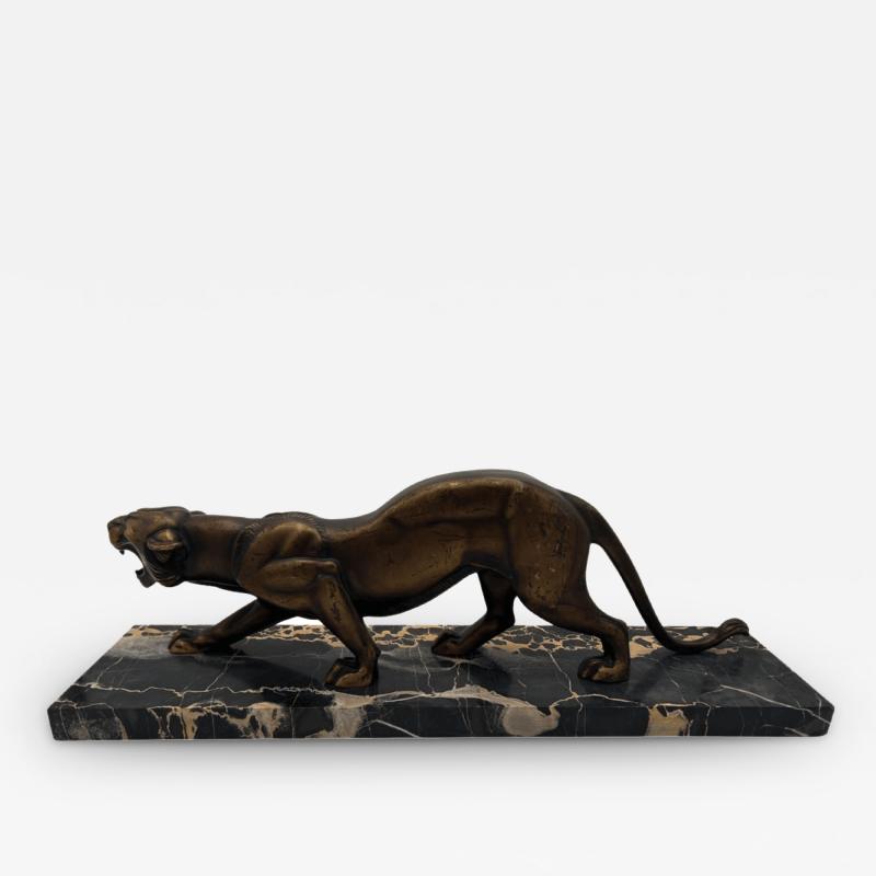 Art Deco Sculpture of a Panther Bronze Cast Marble France circa 1930