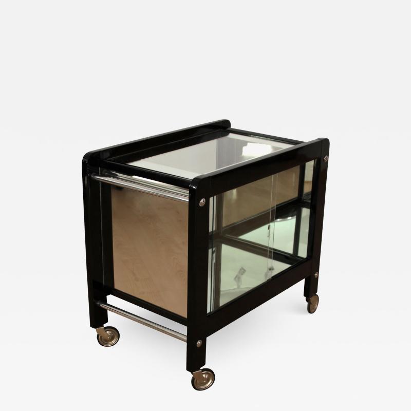 Art Deco Serving Table Black Lacquer Chrome Glass Mirror France circa 1930