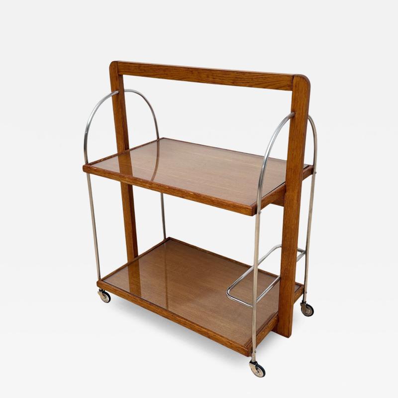 Art Deco Serving Trolley Oak wood Chrome and Glass France circa 1930