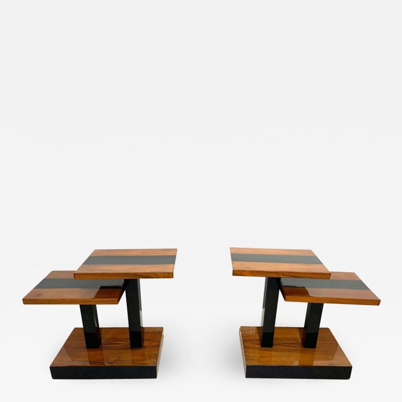 Art Deco Side Tables Walnut Veneer and Black Polish France circa 1930