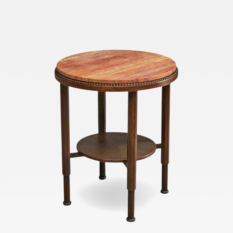 Art Deco Side or Gueridon Table in Solid Oak and Red Travertine 1930s