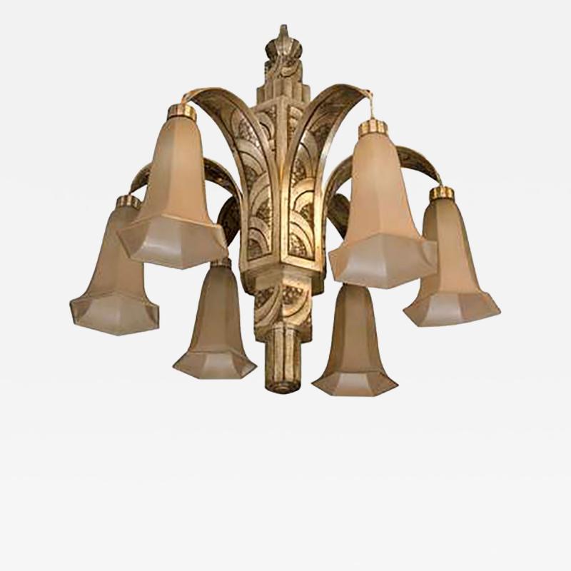 Art Deco Silvered Bronze Chandelier with Frosted Glass Shades