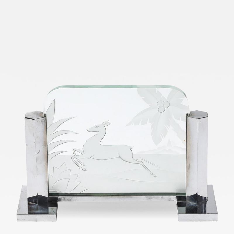 Art Deco Silvered Bronze Table Lamp with Reversed Etched Leaping Gazelle Motif