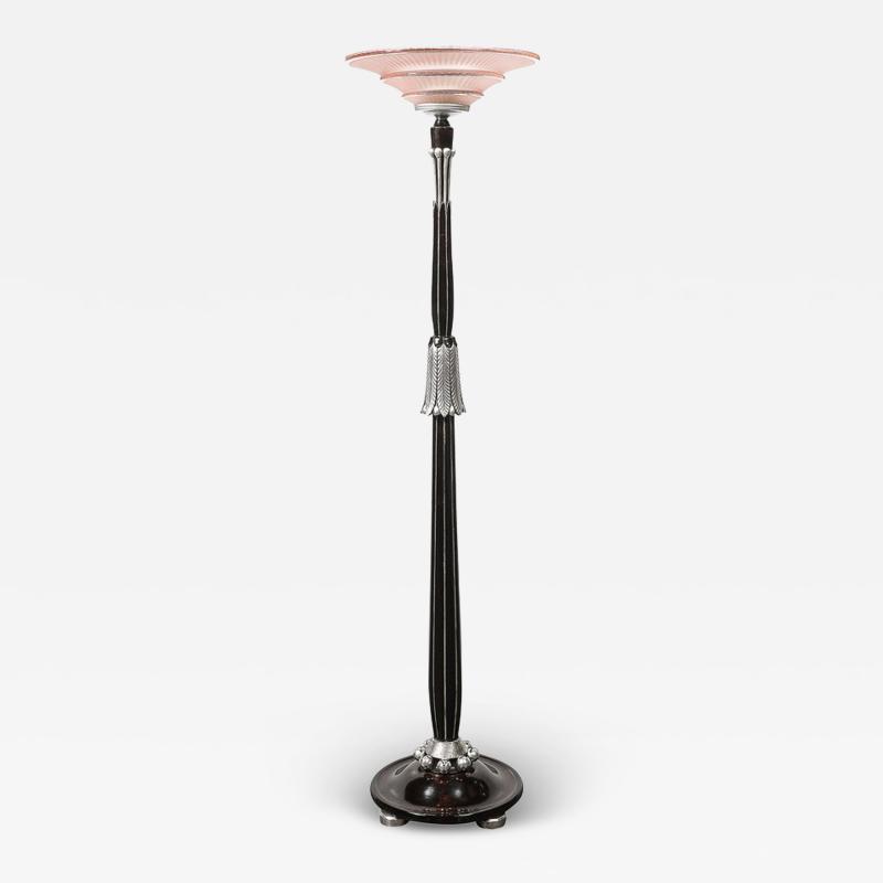 Art Deco Skyscraper Style Frosted Rose Glass Torchiere w Stylized Cubist Detail
