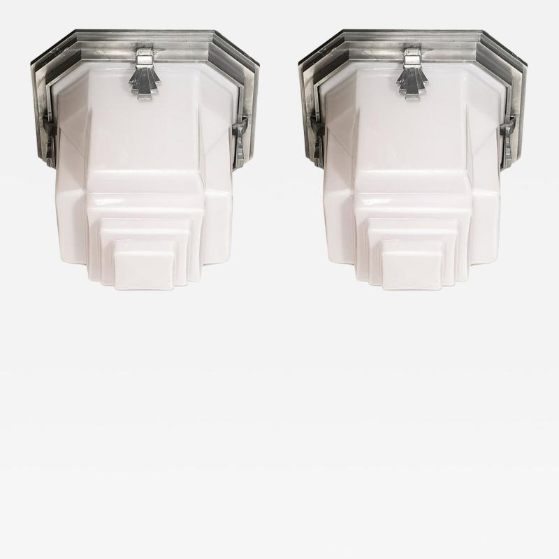 Art Deco Skyscraper Style Milk Glass Flush Mounts w Polished Aluminum Fittings