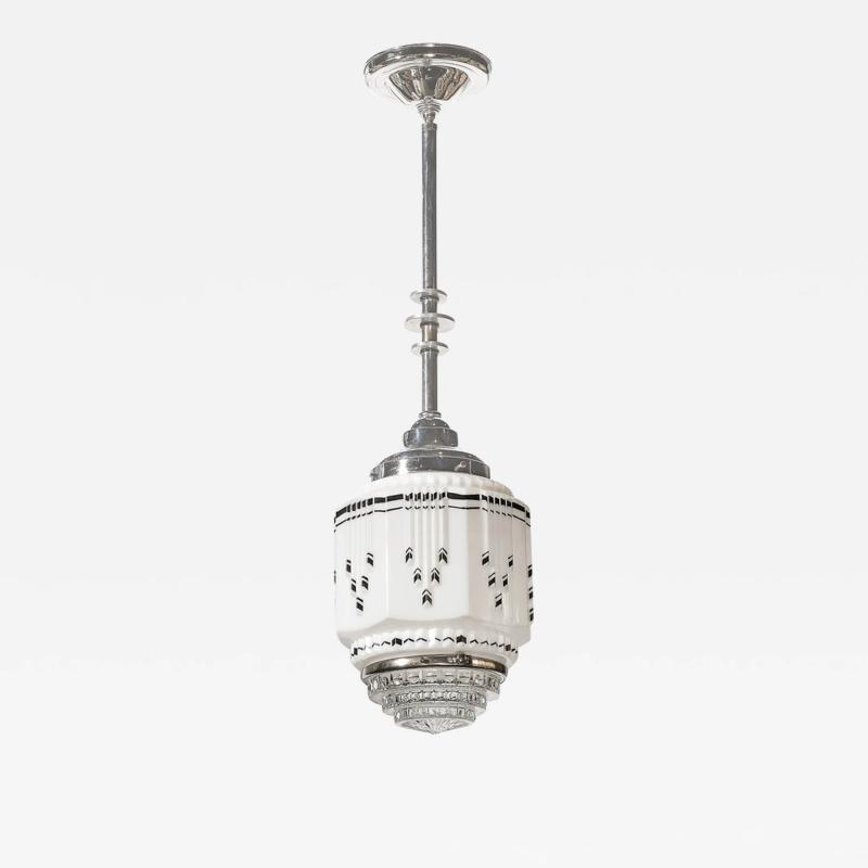 Art Deco Skyscraper Style Milk Glass Pendant w Black Enamel Chrome Detailing