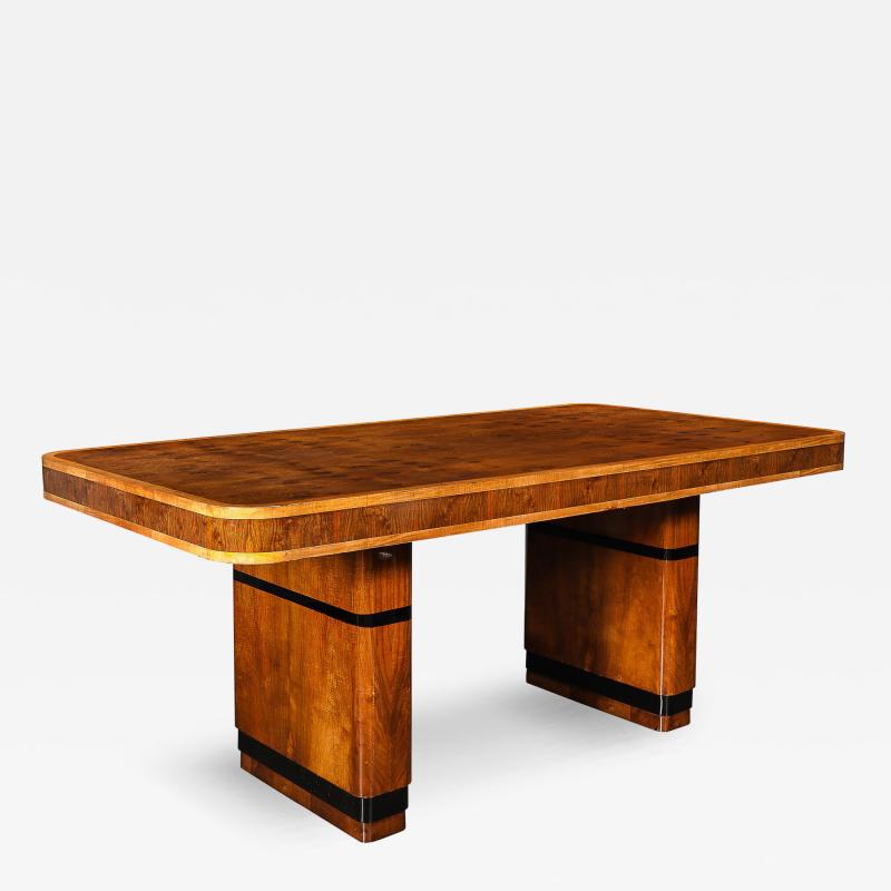 Art Deco Streamlined Book Matched Burled Walnut w Black Lacquer Dining Table