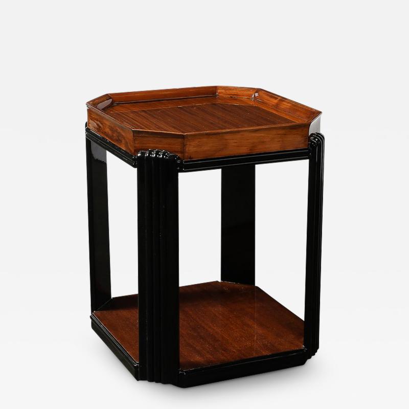Art Deco Streamlined Machine Age Bookmatched Walnut Fluted Black Lacquer Table