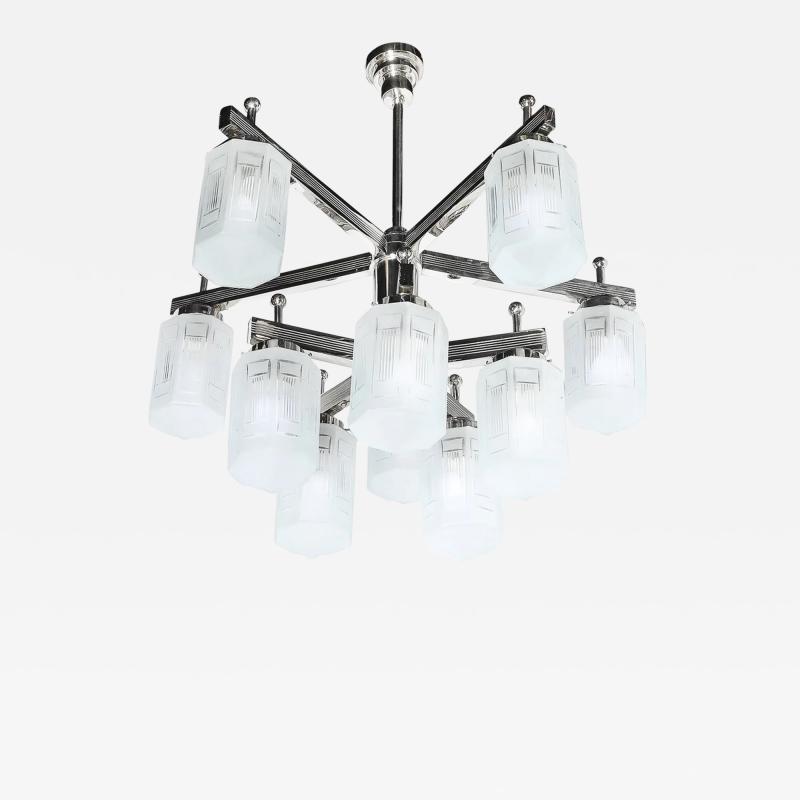 Art Deco Style 10 Arm Frosted Etched Glass Chandelier w Polished Nickel Frame