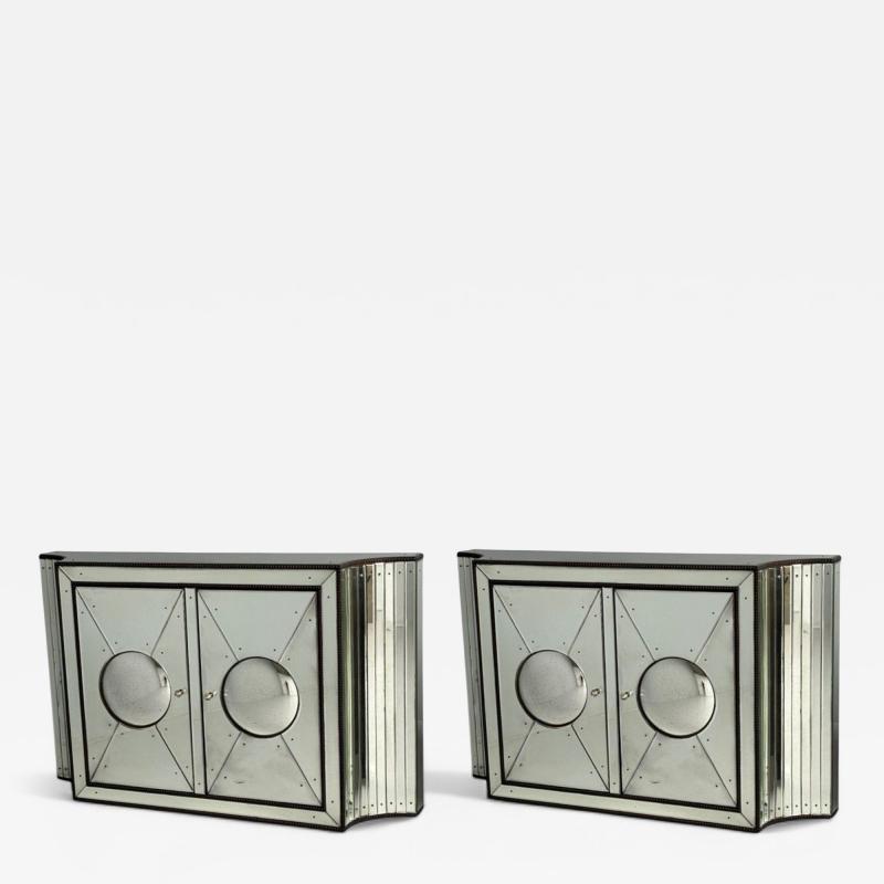 Art Deco Style Antique Glass Painted Wood Concave Mirrored Cabinets