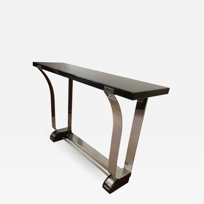 Art Deco Style Console Table Curved Stainless Stell and Black Lacquer
