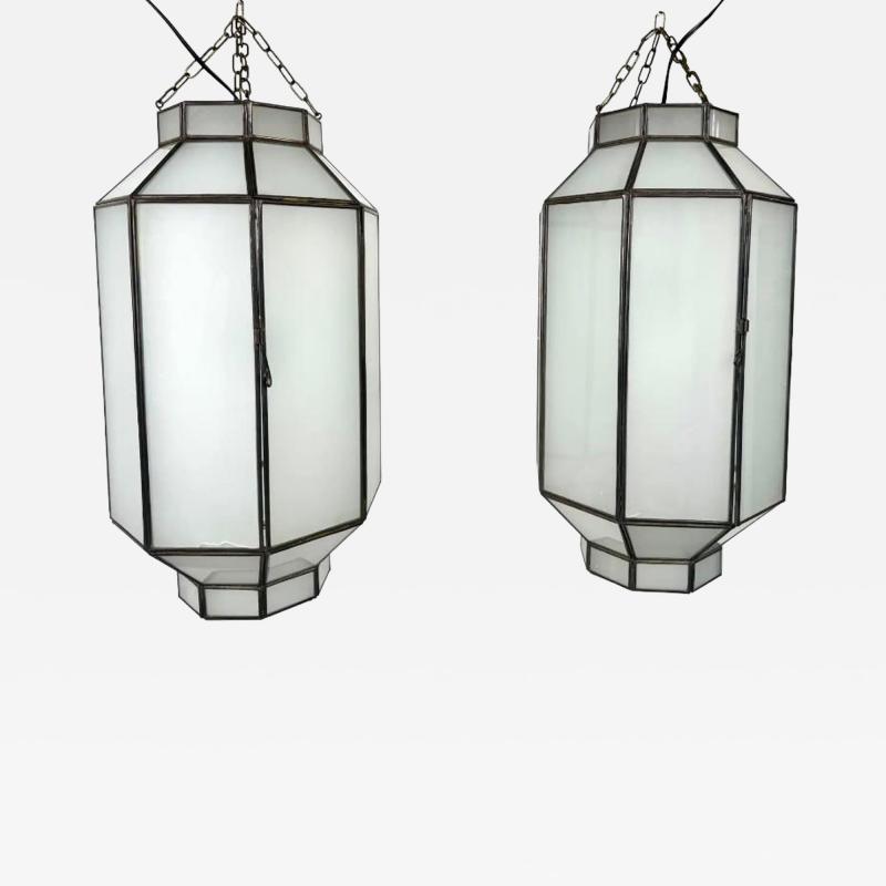 Art Deco Style Frosted White Milk Glass Bronze Octagonal Pendant a Pair