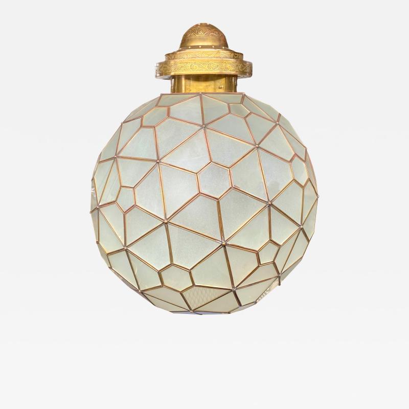 Art Deco Style Milk Glass and Brass Round Chandelier Pendant or Lantern