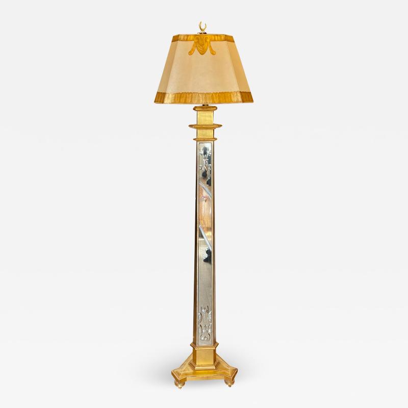 Art Deco Style Mirrored Giltwood Floor Lamp W Custom Shade