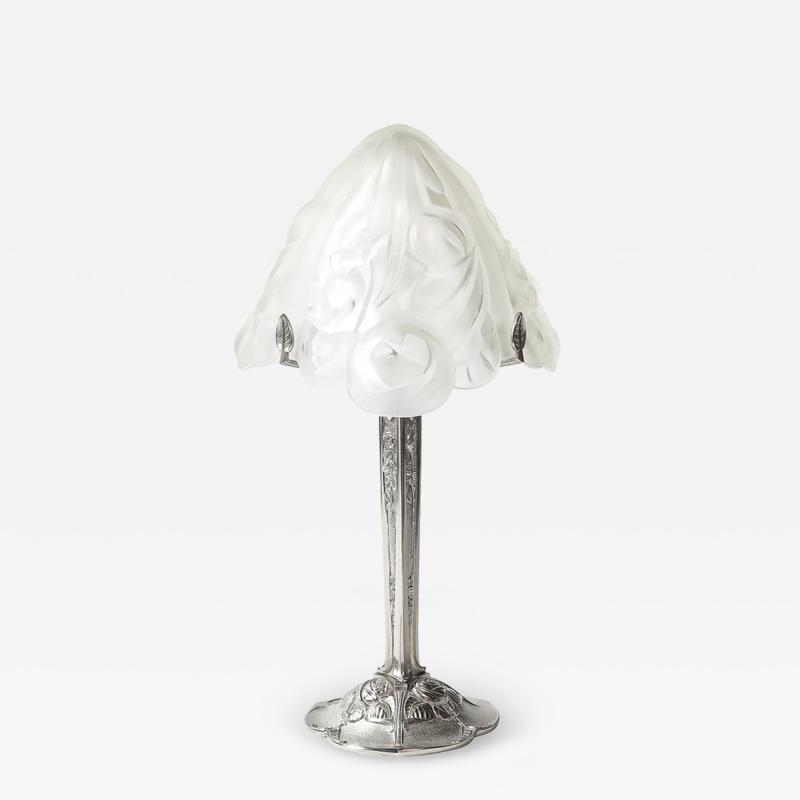Art Deco Style Molded Frosted Glass Table Lamp w Silvered Bronze Base