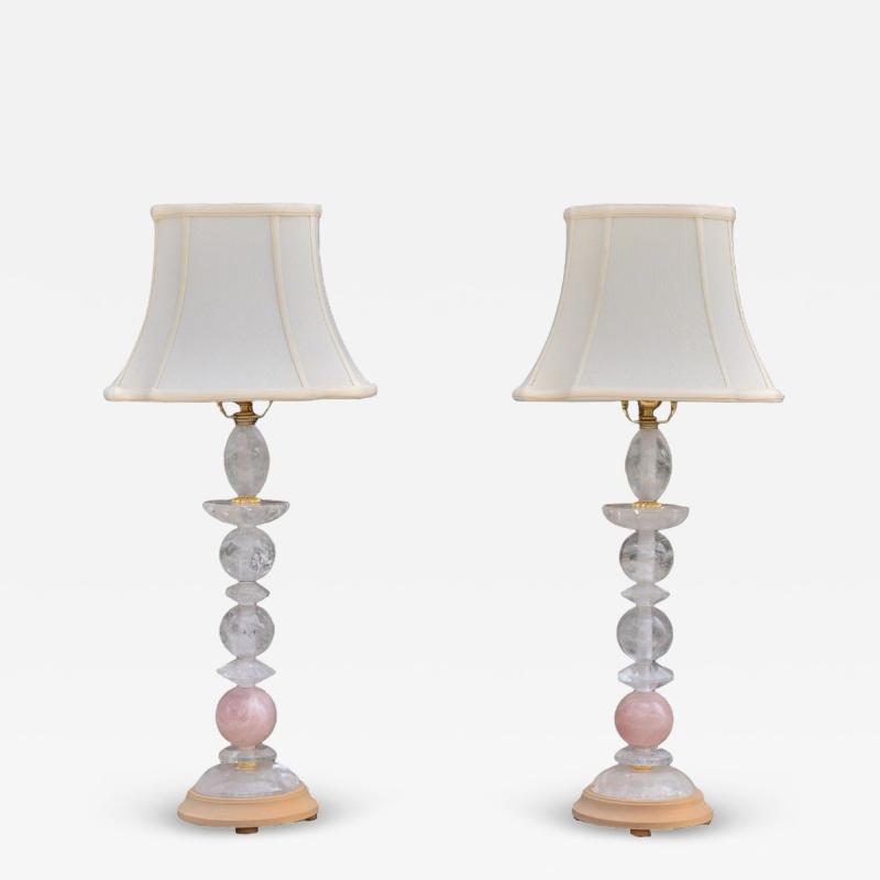 Art Deco Style Pink Rock Crystal Brass Table Lamps France 1960s
