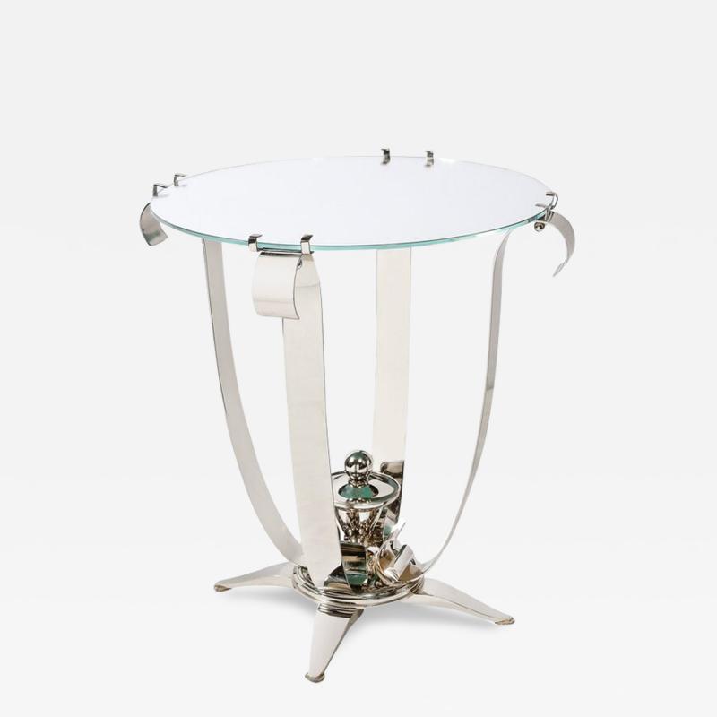 Art Deco Style Polished Nickel Side End Table With A Round Mirror Top