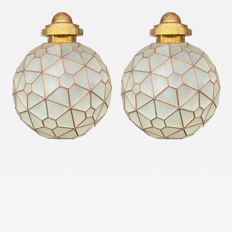 Art Deco Style Round Chandelier or Pendant Milk Glass Brass Inlay a Pair