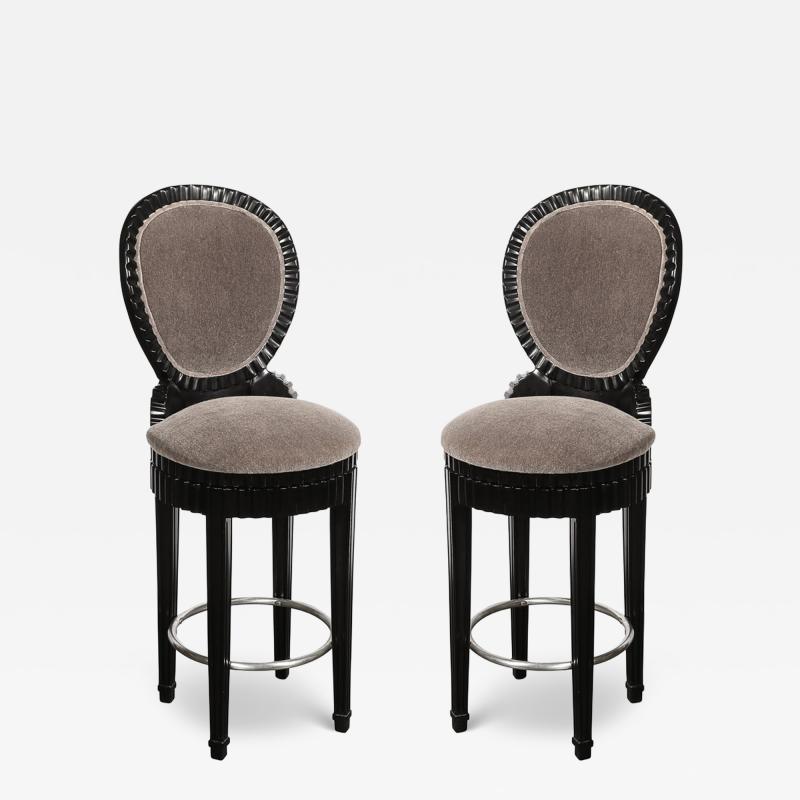 Art Deco Style Scalloped Fluted Detailed Ebonized Walnut Swiveling Barstools