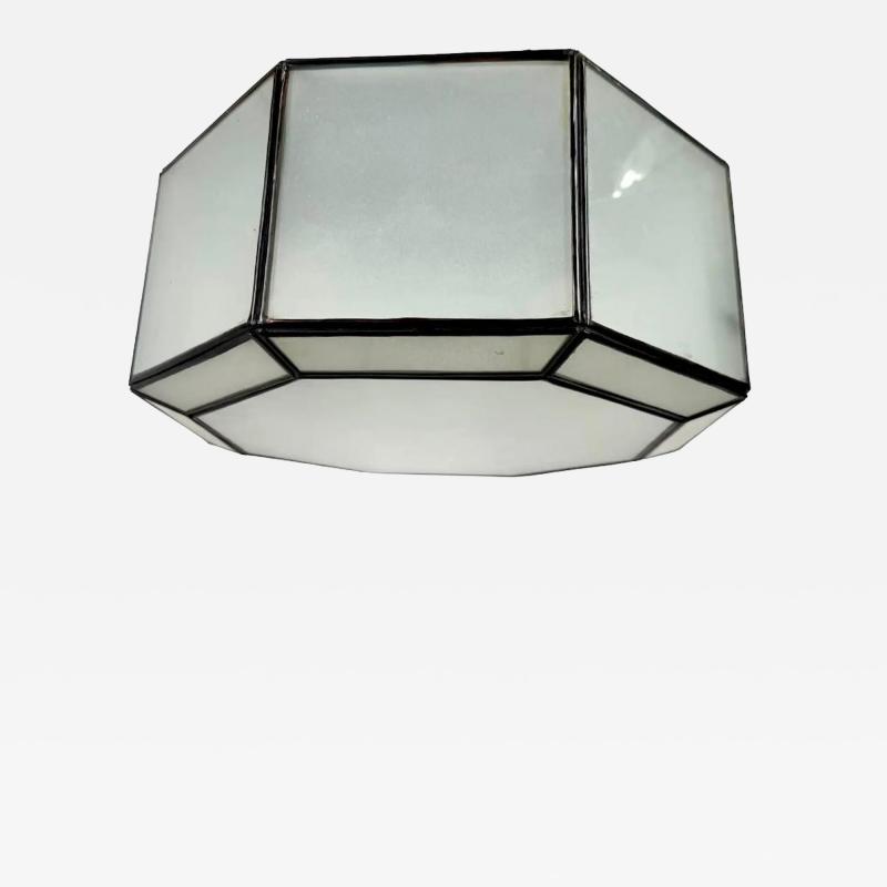 Art Deco Style White Milk Glass and Bronze Octagon Shape Pendant or Flush Mount